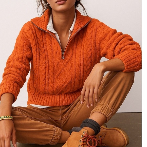 Anthropologie Sweaters - Anthropologie Payton Cable Knit Sweater XS Orange Preppy Cozy Y2K Retro Preppy